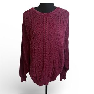 Vintage Checkpoint Cable Knit Sweater Mens Large Burgundy Maroon 100% Cotton 80s